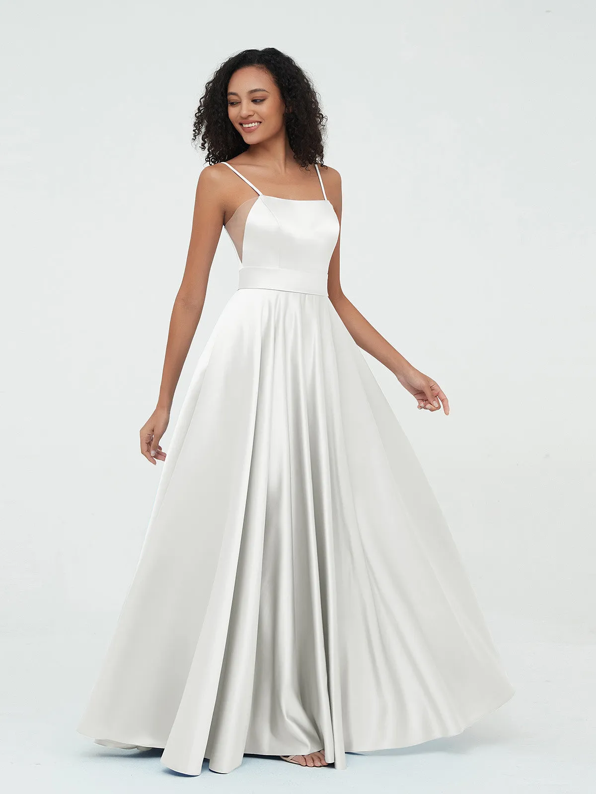A-ligne Bretelles Spaghetti Robes Maxi en Satin Ivoire