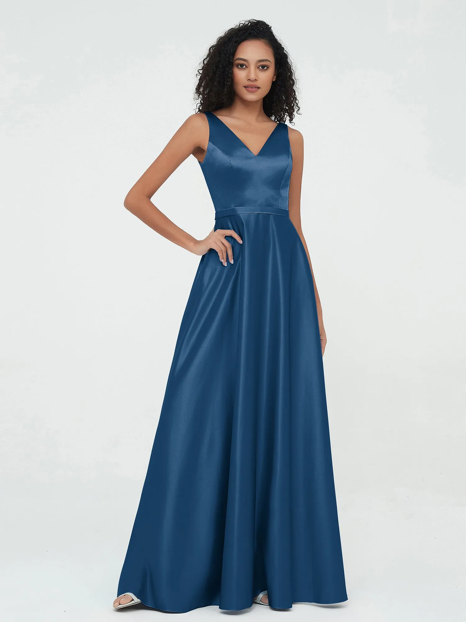 A-ligne Robes Maxi à Col en V en Satin avec Poches Bleu Encre Grande Taille