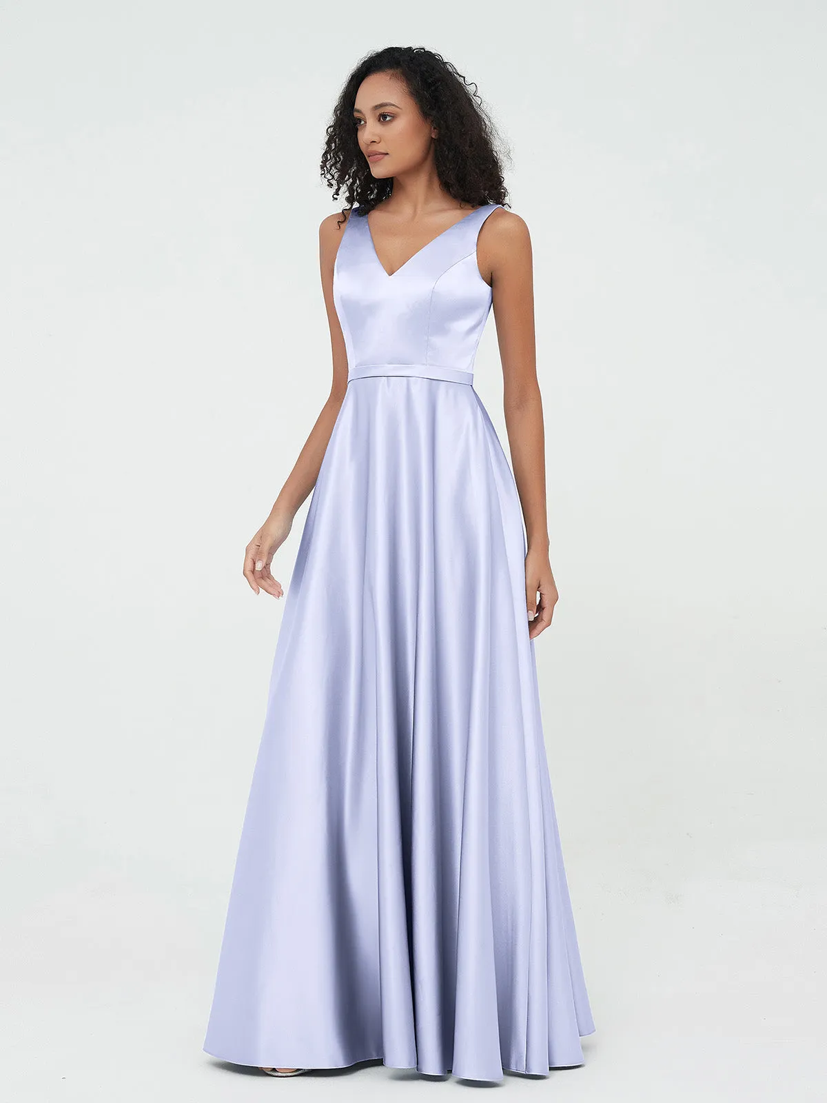 A-ligne Robes Maxi à Col en V en Satin avec Poches Lavande Grande Taille
