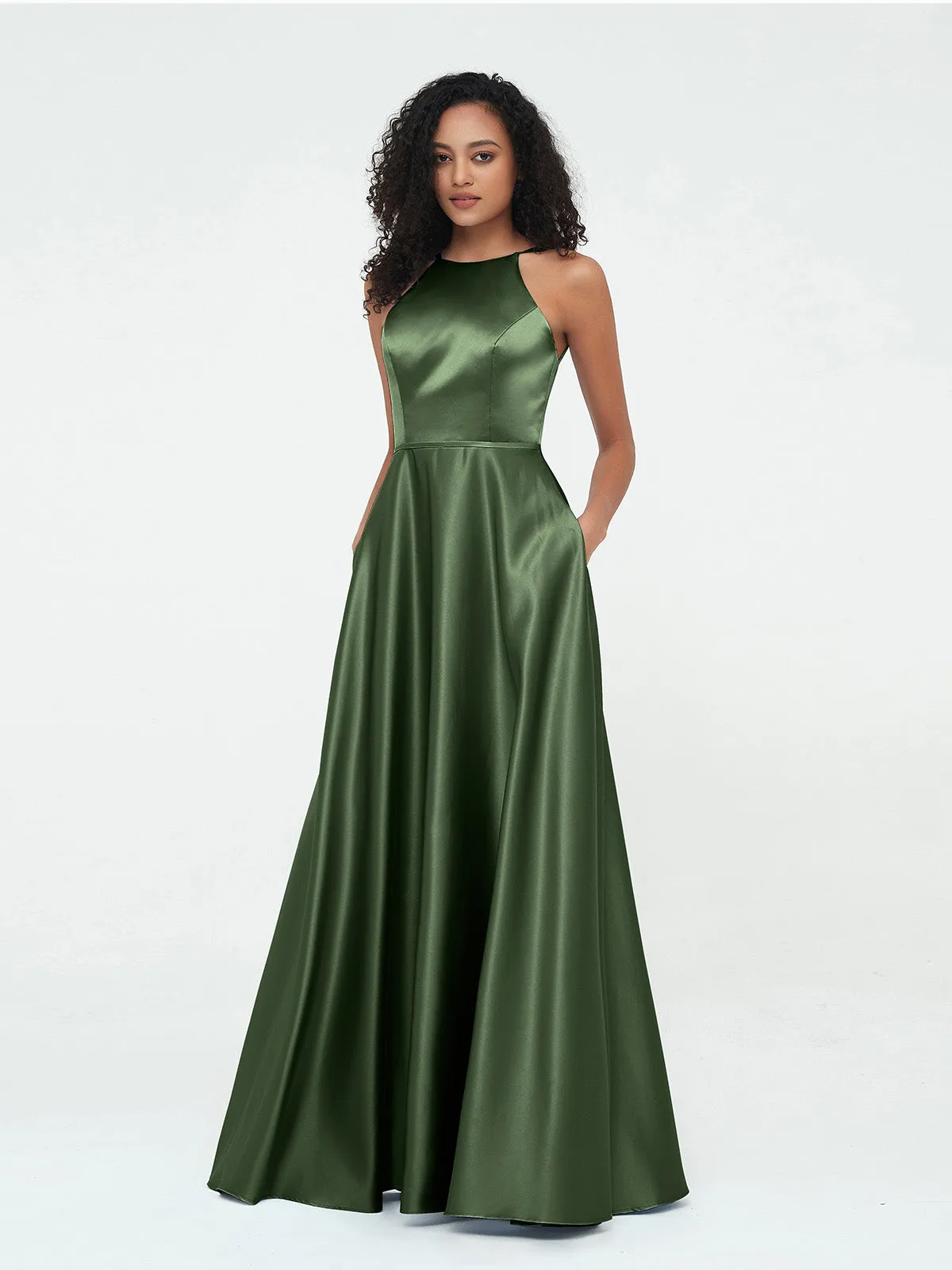 A-ligne Robes Maxi à Licou en Satin avec Poches Olive Verte Grande Taille