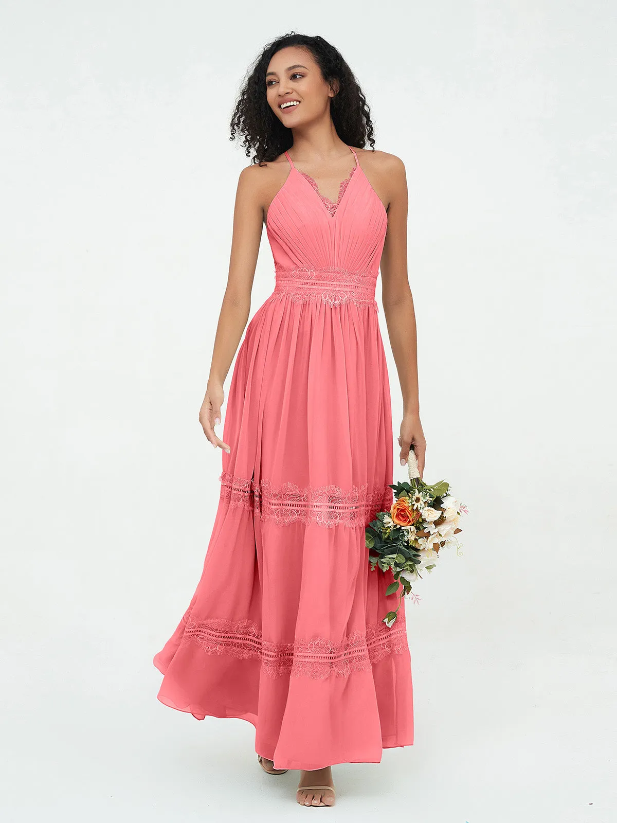 Boho Robes Jupe à Plusieurs Niveaux en Dentelle et Mousseline Pastèque Grande Taille