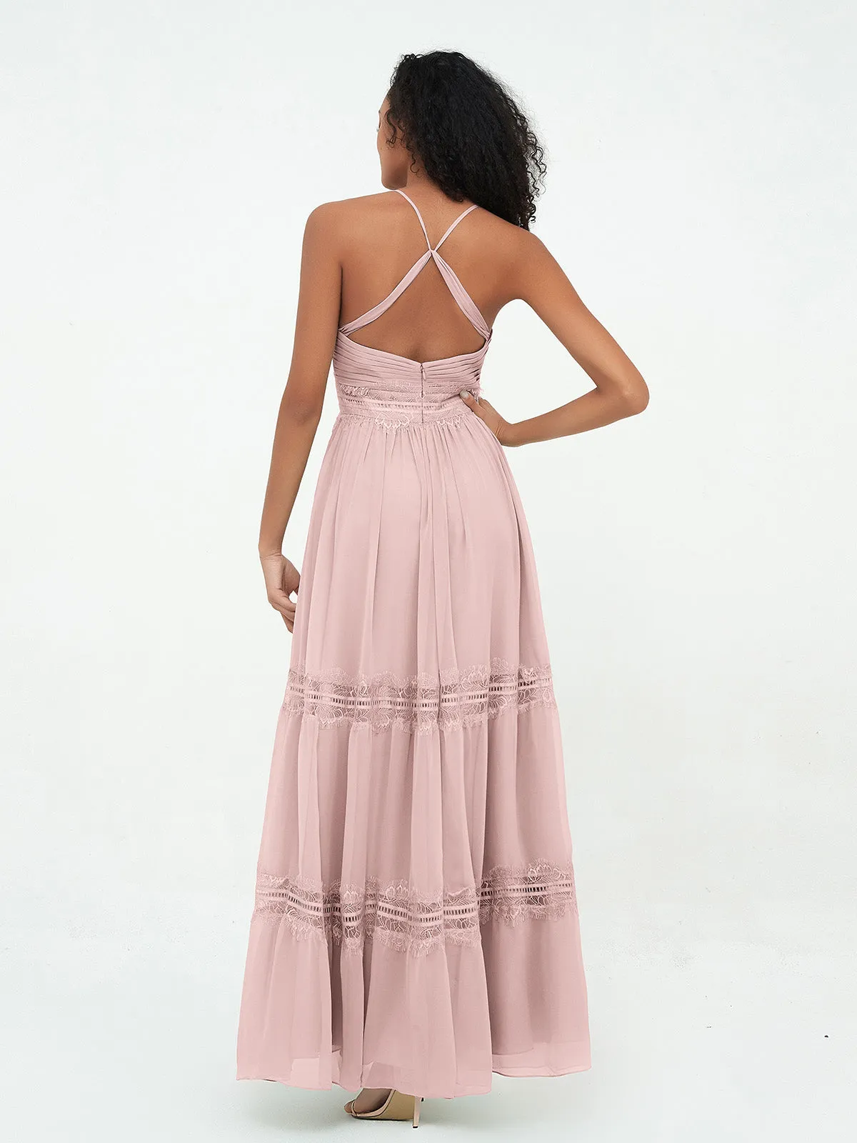 Boho Robes Jupe à Plusieurs Niveaux en Dentelle et Mousseline Rose Poudré