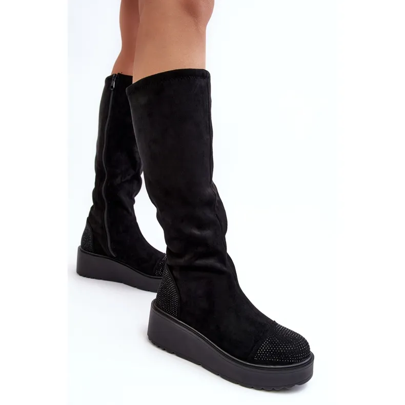 Bottes en daim pour femmes sur la plateforme S.Barski, noires le noir