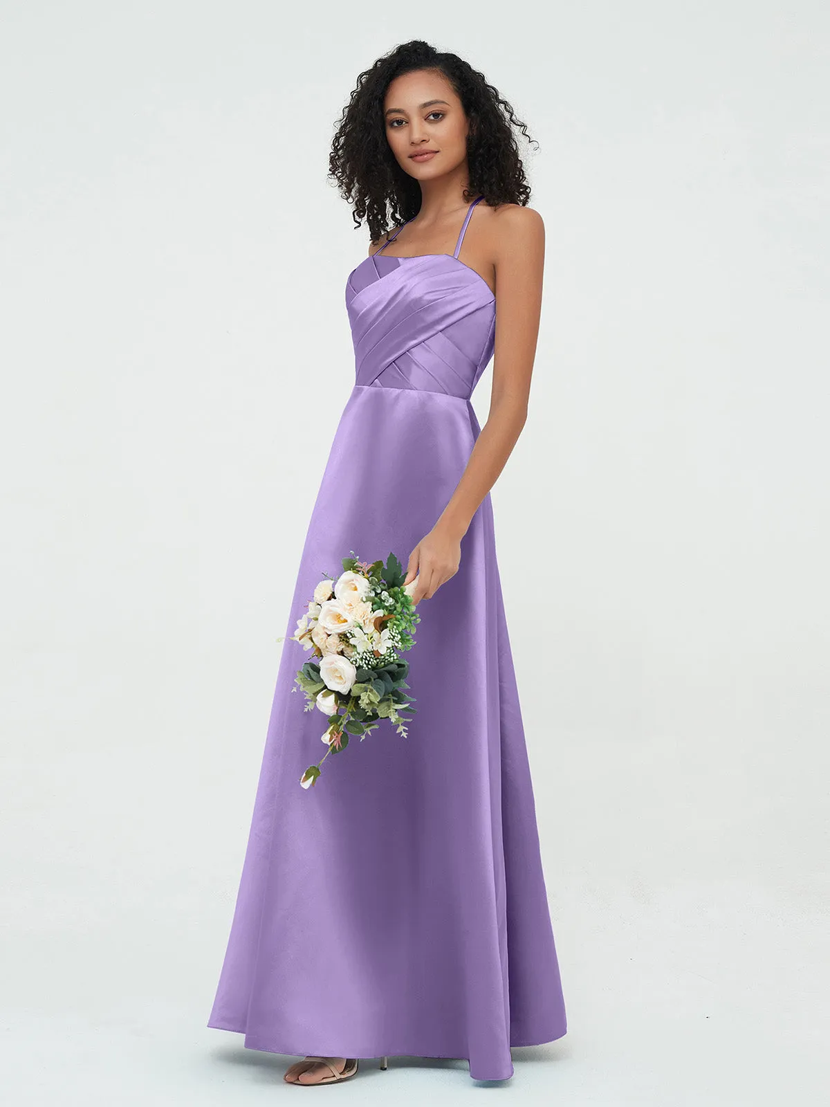 Bretelles Spaghetti Corsage Plissé Robes en Satin Tahiti Grande Taille