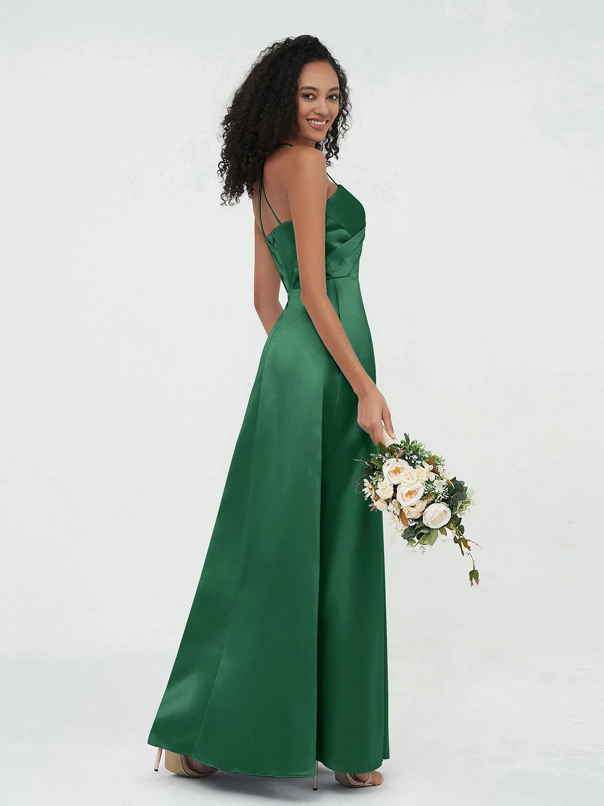 Bretelles Spaghetti Corsage Plissé Robes en Satin Vert Foncé Grande Taille