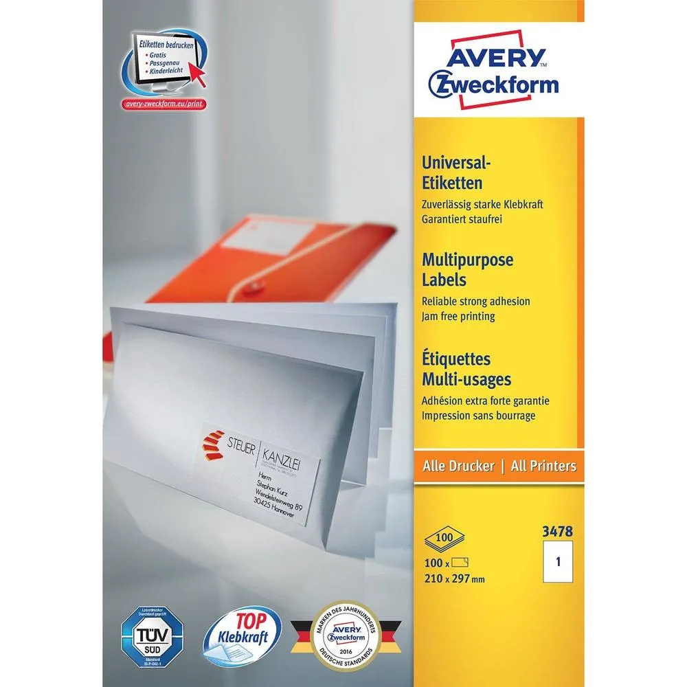 Bte de 100 Étiquettes Multi-usages A4 210 x 297 mm Blanc sur 100F A4