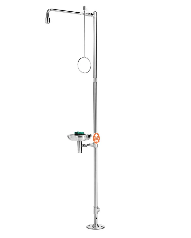 Douche avec laveur oculaire et cuvette de récupération, inox, montage au sol, BR 837095/75 litres