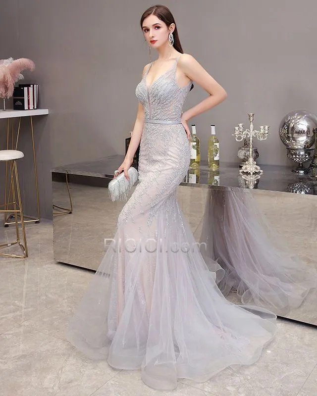 Décolleté Longue Transparente Argenté Dos Nu Robes De Soirée Robe De Bal Robe De Fête