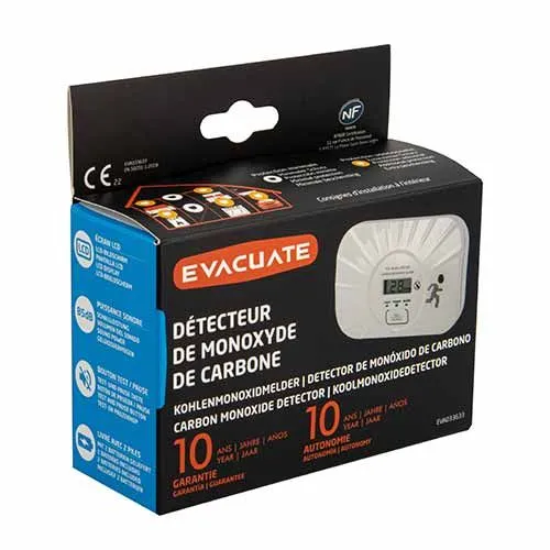 Détecteur de monoxyde de carbone avec écran LCD autonomie 10 ans garantie 10 ans EVACUATE
