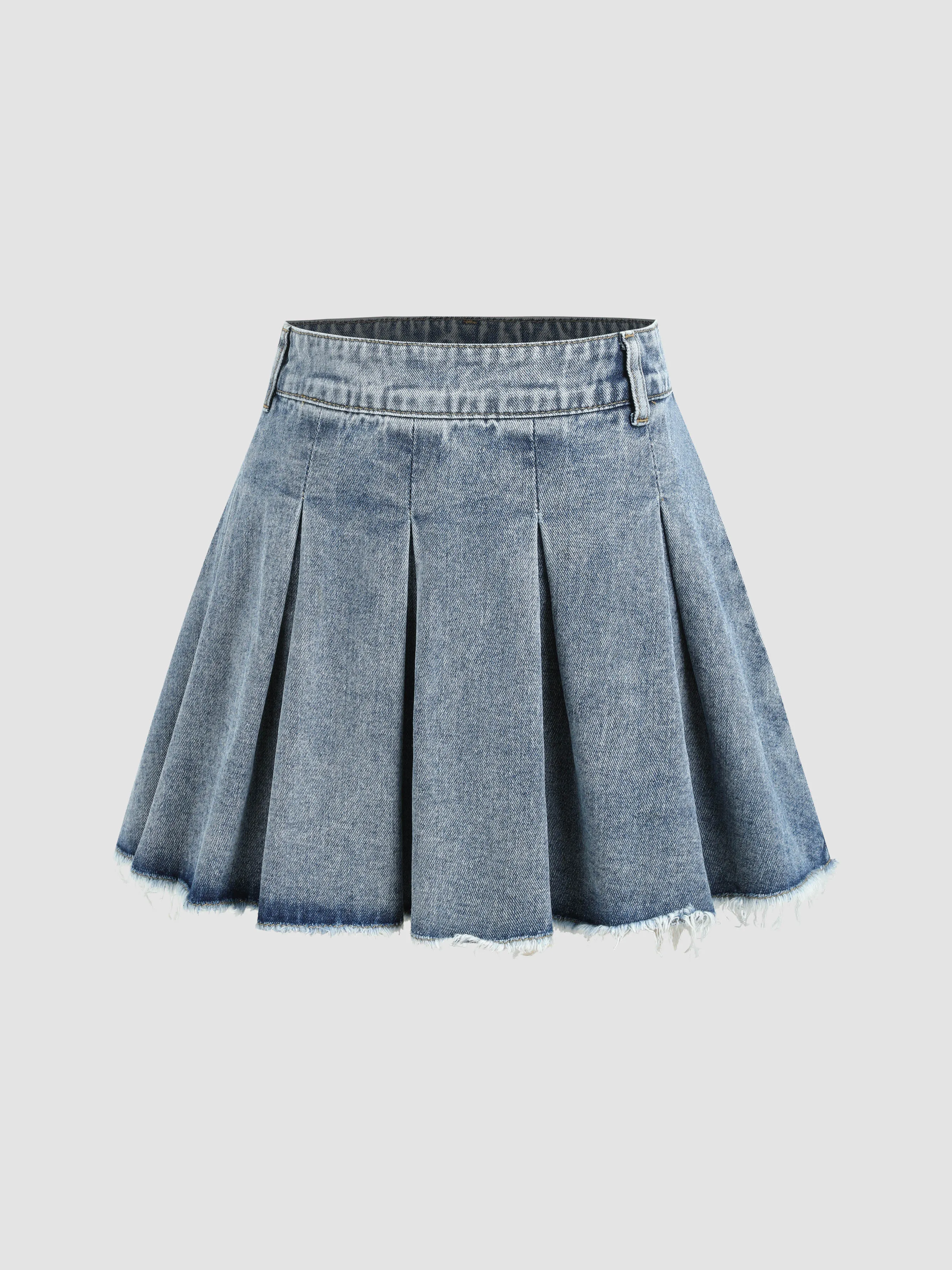 Mini-jupe plissée taille haute en denim à ourlet brut