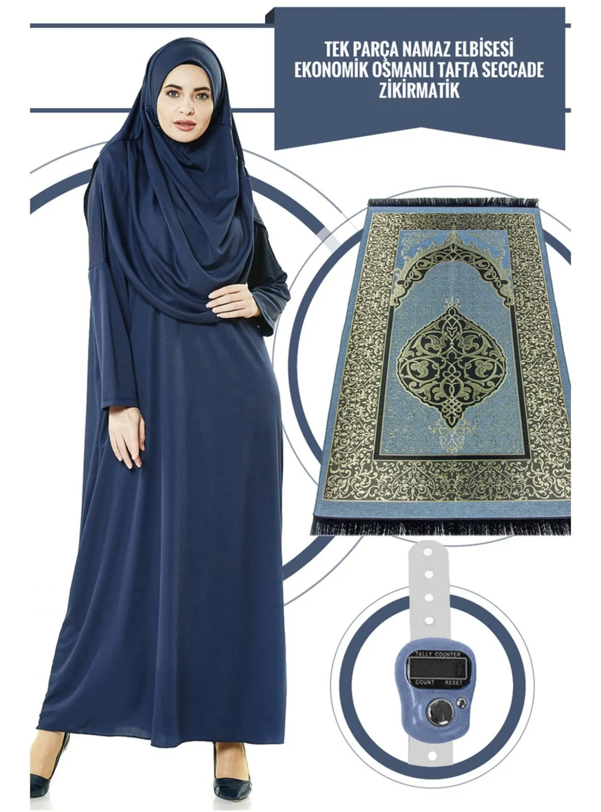 One Piece Prayer Robe And Prayer Rug And Zikr Counter 3 Pieces Set Navy Blue