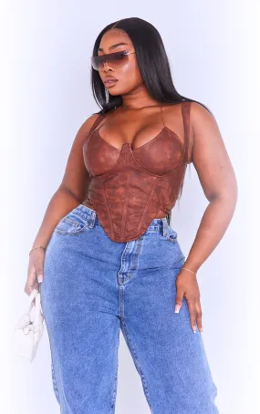 Plus Corset dos nu croisé  délavé marron à ourlet tombant