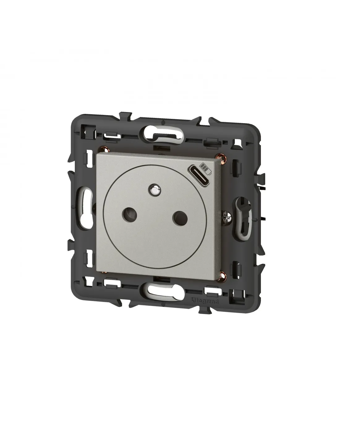 Prise 2P+T Surface avec chargeur USB Type-C Mosaic 2 modules avec support alu LEGRAND 079361L