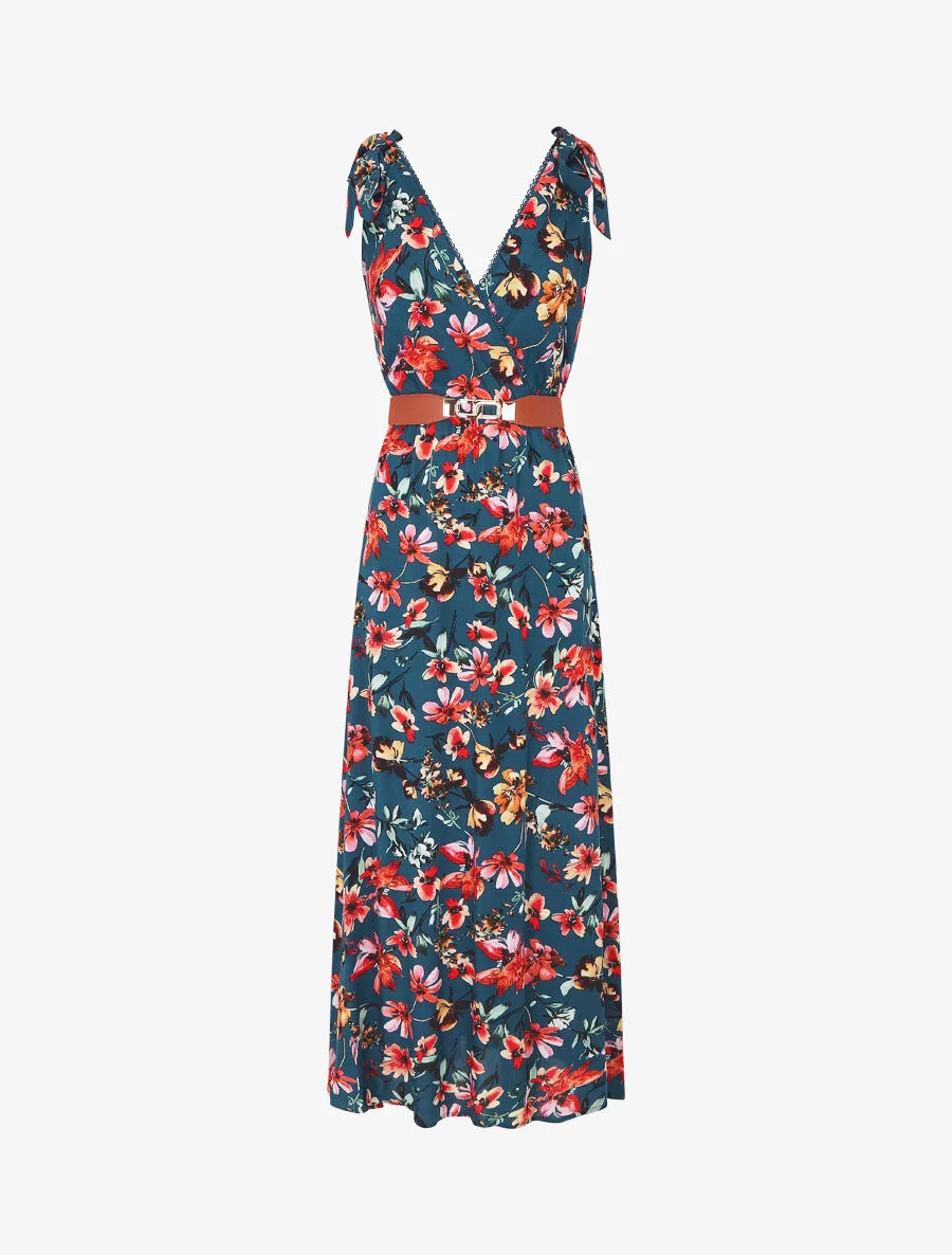 Robe imprimé fleuri à col en V - Bleu canard