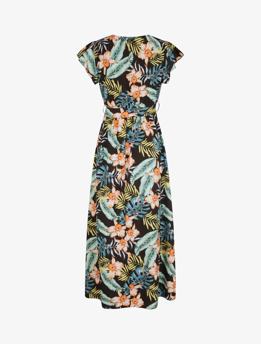 Robe longue cintrée imprimé orchidées tropicales - Noir