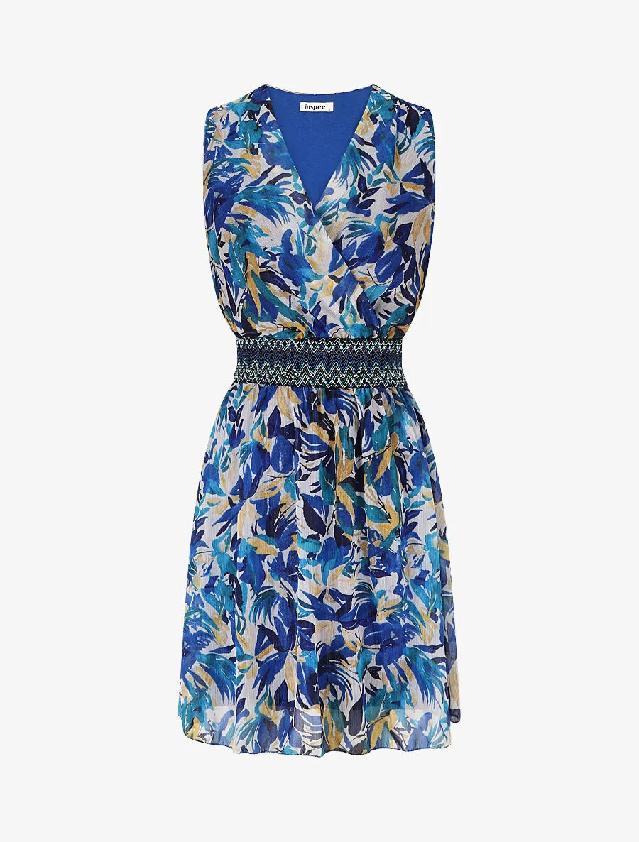 Robe mi-longue sans manches irisée motif végétal
