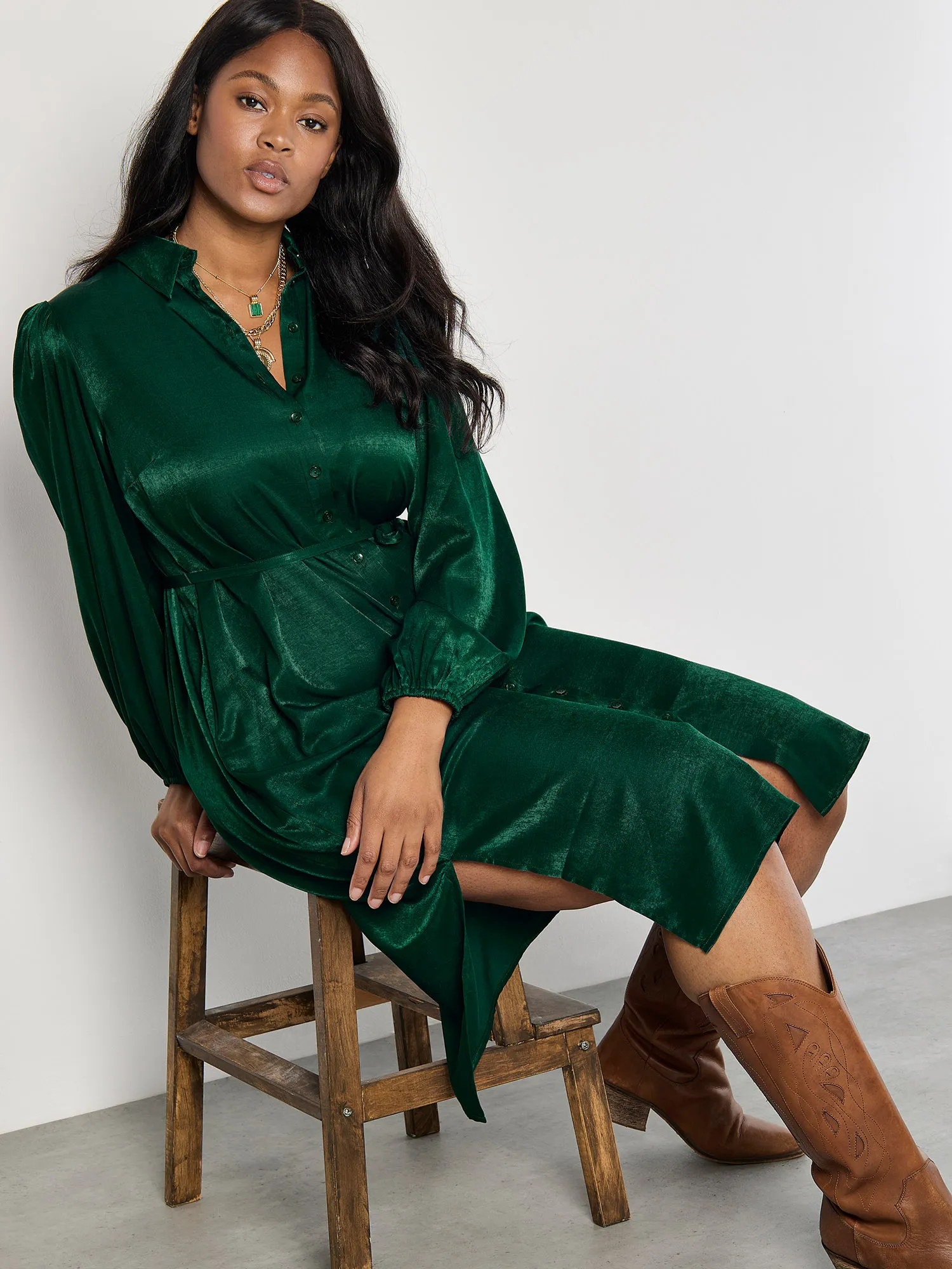 Robe Midi Chemise En Satin Curve Vêtements Apricot