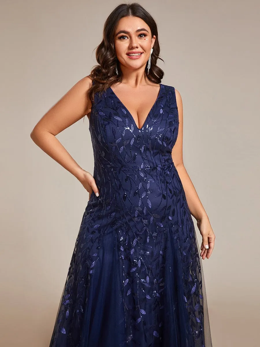 Robes de soirée trapèze pailletées sans manches à col en V de grande taille