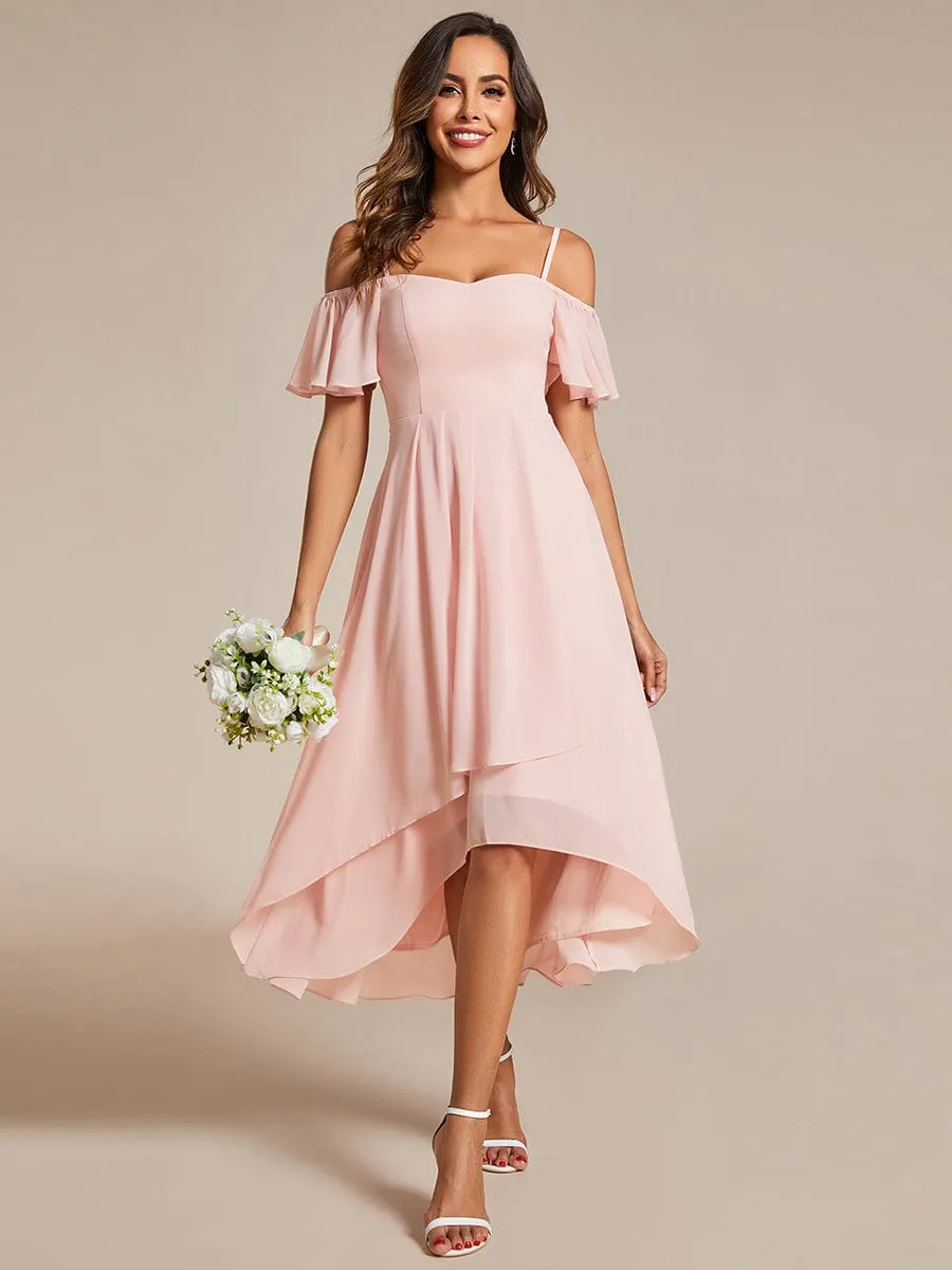 Robes d'invitées de mariage en mousseline  épaules dénudées  hautes et basses  manches courtes