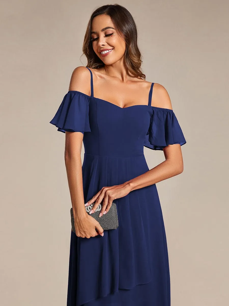 Robes d'invitées de mariage en mousseline  épaules dénudées  hautes et basses  manches courtes