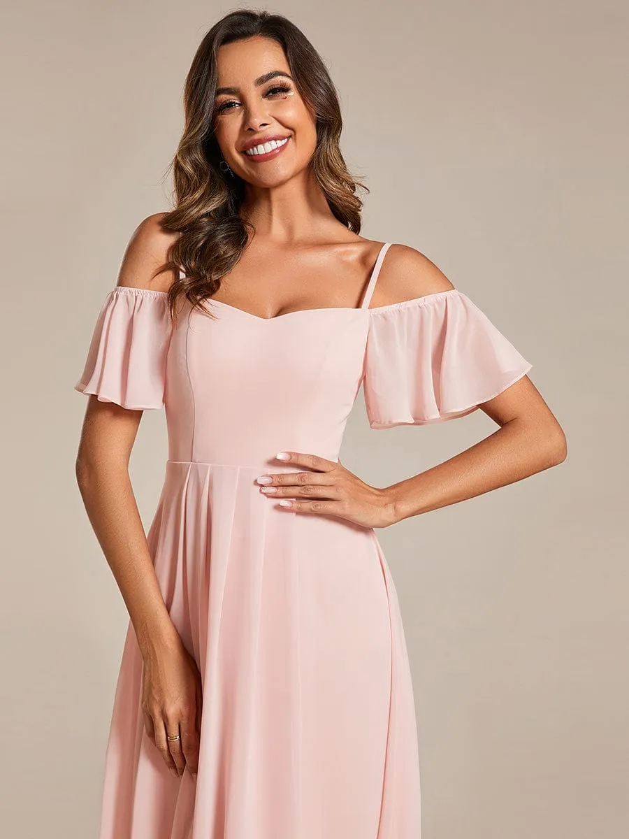 Robes d'invitées de mariage en mousseline  épaules dénudées  hautes et basses  manches courtes