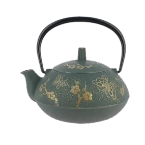 Théière en fonte bleu motif papillon bronze 
